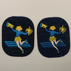 70s Vintage Cheerleader Sew On Patch Set Blue Yellow Pair Retro Sports Applique